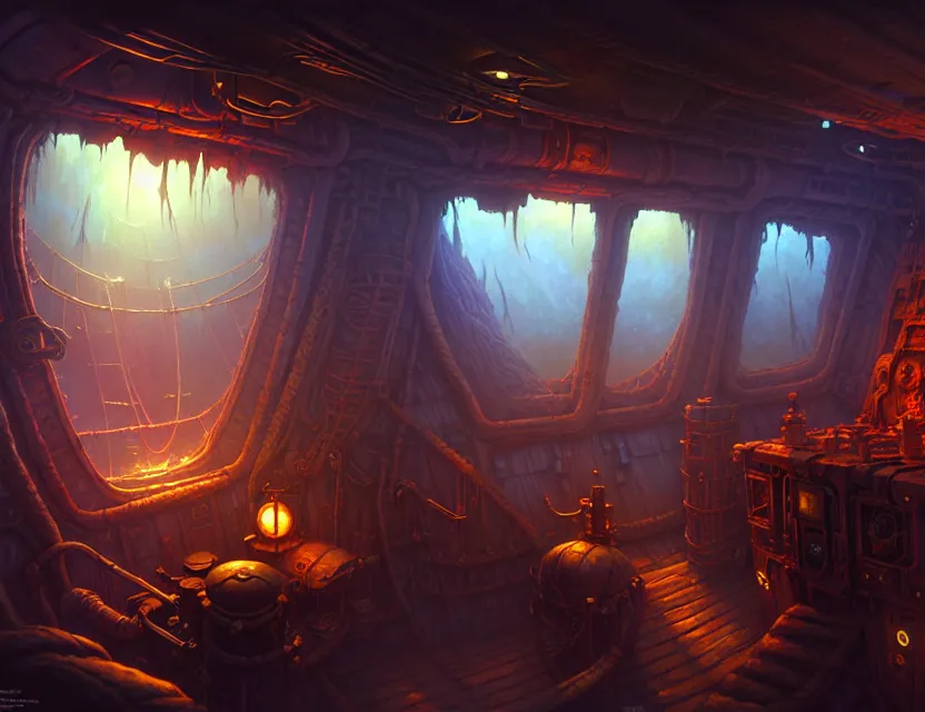 Image similar to interior view in the captain's cabin of a flying ship, d & d planescape fantasy art, artstation contest winner, beautiful digital painting in the style of dan mumford, art by kev chan, volumetric lighting, concept art, speedpainting, fantasypunk, deep colors, cgsociety, by gerald brom, by greg rutkowski, by ruan jia