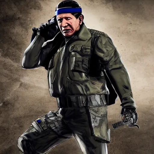 Prompt: A still of Hugo Chávez as Solid Snake from Metal Gear Solid, 4k, photograph, photoreal, realistic, highly detailed, promo shoot, award winning