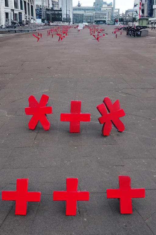 Image similar to Three giant red crosses in the center of a city