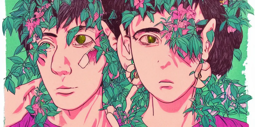 Image similar to risograph grainy painting of running man anime - like hero girl protagonist face, dull colors, with huge earrings, face covered with plants and flowers, by moebius and dirk dzimirsky and satisho kon, latex, close - up wide portrait, hyperrealistic