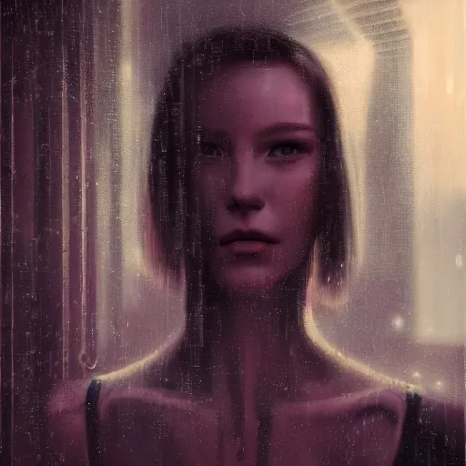 Image similar to detailed portrait of a female robot, moment, cyberpunk cloisters, electronic billboards, tech noir, wet reflections, atmospheric, ambient, livia prima, greg rutkowski, edward hopper, pj crook