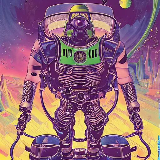 Image similar to portrait of crazy buzz lightyear, symmetrical, by yoichi hatakenaka, masamune shirow, josan gonzales and dan mumford, ayami kojima, takato yamamoto, barclay shaw, karol bak, yukito kishiro