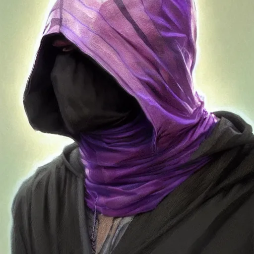 Image similar to ultra realistic illustration, man in a black hood, in a striped purple balaclava, mysterious, highly detailed, digital painting, artstation, concept art, smooth, sharp focus, illustration, art by artgerm and greg rutkowski and alphonse mucha