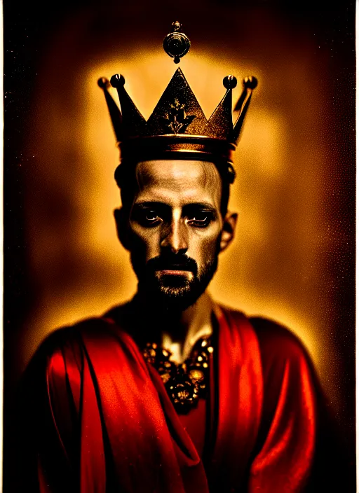 Image similar to 'Portrait of Crowned King Arthur' by Lee Jeffries royally decorated, whirling plasma, atmospheric motes, red and gold Sumptuous garb, gilt silk fabric, radiant colors, fantasy, perfect lighting, studio lit, micro details,