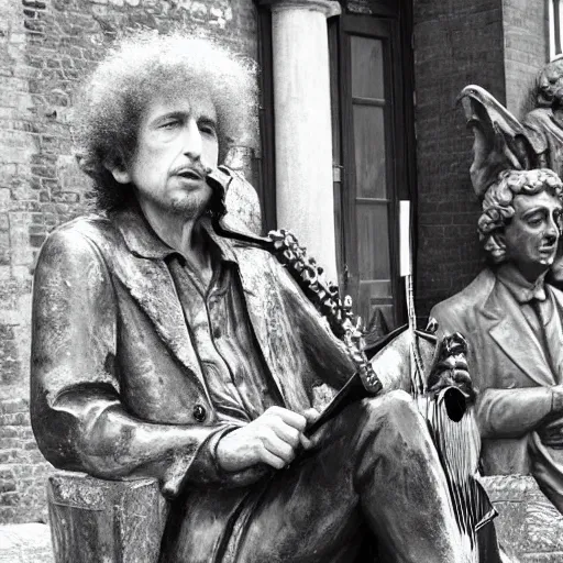 Image similar to bob dylan playing his guitar whilst sitting next to a statue of king alfred the great in wantage united kingdom, photograph