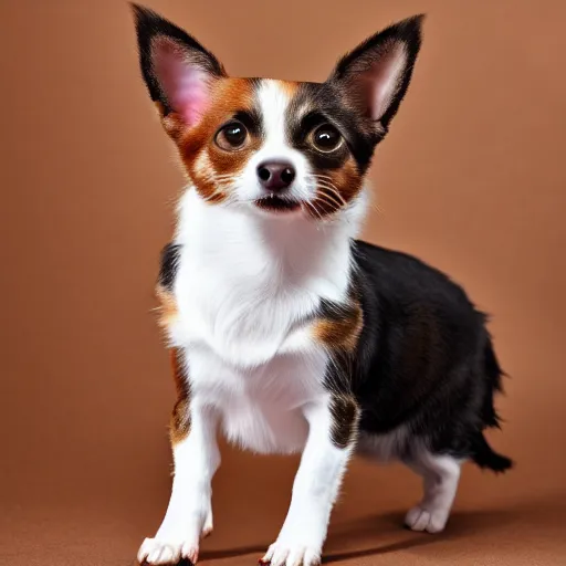 Image similar to studio photo of a calico cat chihuahua hybrid, 4k