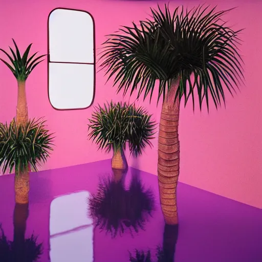 Image similar to hyperrealistic geometric objects in a surreal minimalistic 8 0's dreamscape environment by salvador dali, enormous emoji, highly detailed, 3 d render, octane, beautiful lighting, photorealistic, intricate, elegant, wayne barlowe, water, mirrors, pink doorway, beautiful, masterpiece, trending on artstation, palm tree