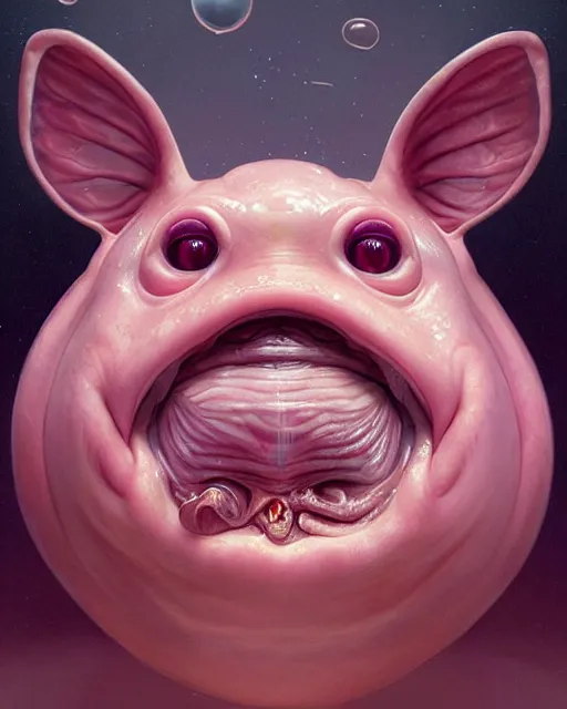 Image similar to portrait of a cute female blobfish, bioluminescent, veins, horror, happy, highly detailed, digital painting, cinematic, hyperrealism, dark retrowave, art by stanley lau and artgerm and magali villeneuve and alphonse mucha, artstation, octane render, cgsociety