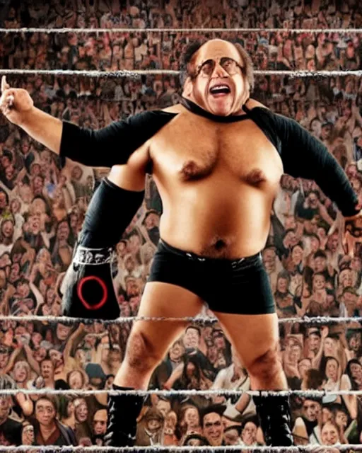 Image similar to portrait of danny devito as a wwe wrestler. photographic, photography