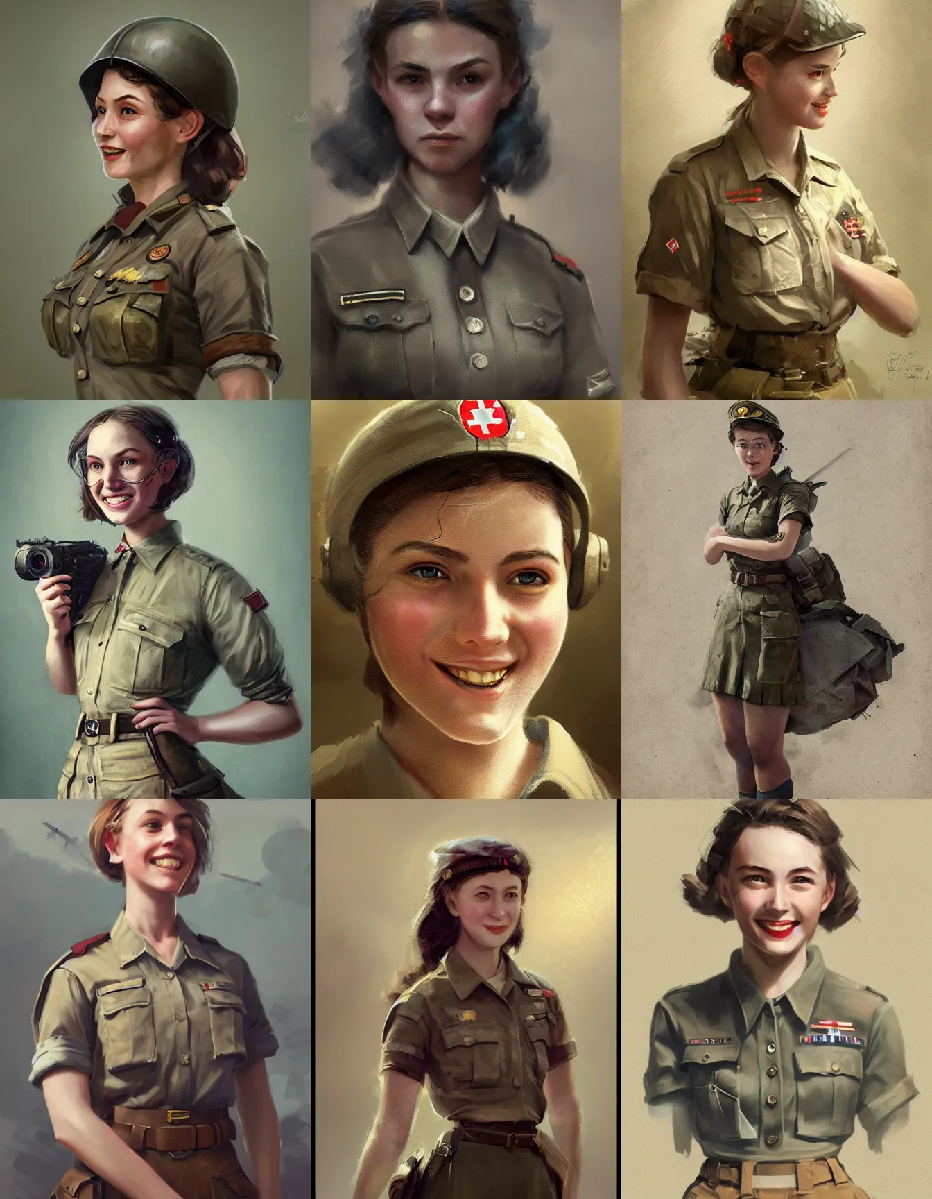 Prompt: young female ww 2 combat engineer, wearing a shirt, and skirt, smiling, digital portrait by greg rutkowski, intricate, soft focus, highly detailed, cinematic, epic, artstation