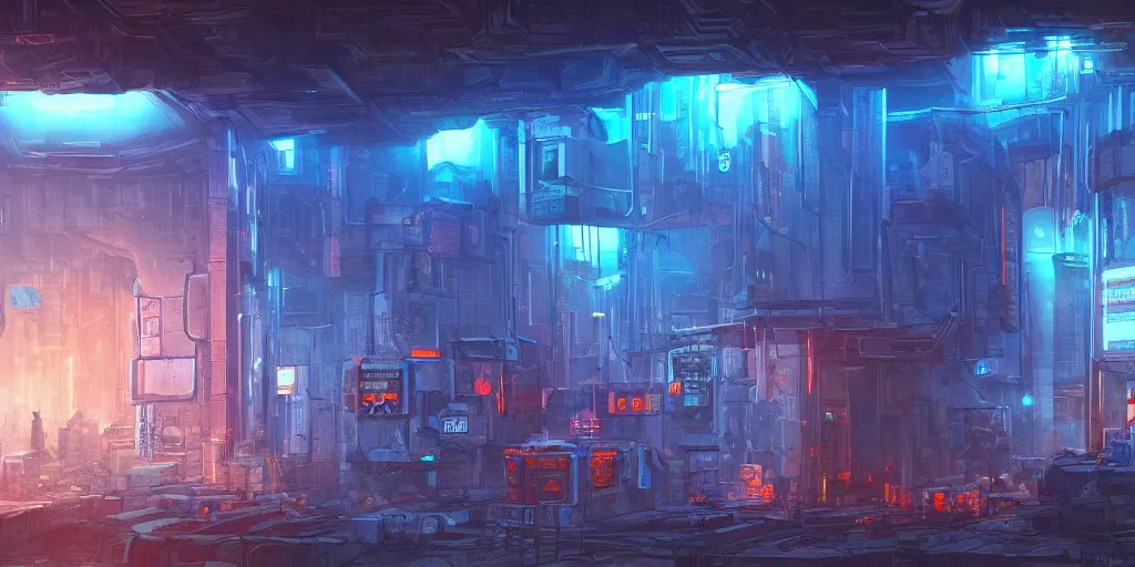 Image similar to cyberpunk dungeon, ancient caves, blue and orange neon lines along the wall, bluestone walls, trending on artstation
