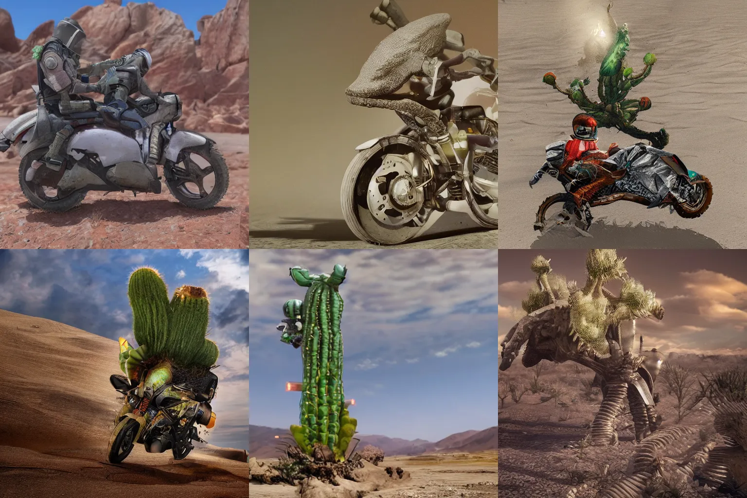 Prompt: alien cactus riding a motorcycle through a desert, realistic octane render, 8k, ultra detailed, concept art