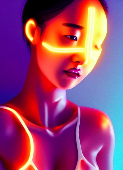 Prompt: a beautiful asian female humanoid with freckled cheeks, cyber neon lighting, futurism, intricate futuristic jewelry accessories, cyberpunk glossy white latex swimsuit, profile posing, hyper photorealistic, crispy quality, digital photography, trending in artstation, trending in pinterest, cinematic, 4 k ultra hd, art by pascal blanche, art by greg rutkowski,