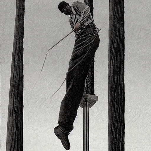 Prompt: A lineman working on a utility pole with a wasp nest on the pole painting, commercial illustration, Chris Van Allsburg