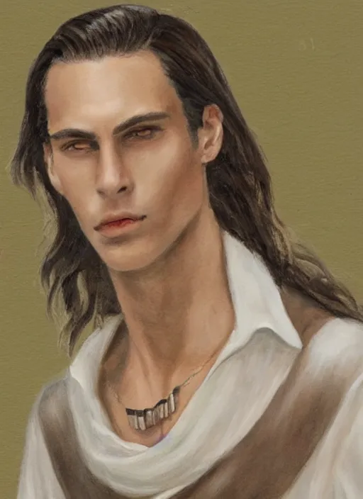 Image similar to a very skinny young Tarzan, with long dark brown slicked back hair shoulder length slicked back hair, with pearl necklace and pearl earing, in the museum, in white turtleneck shirt, Tarzan, painting in the museum, highly detailed, sharp focus, digital painting