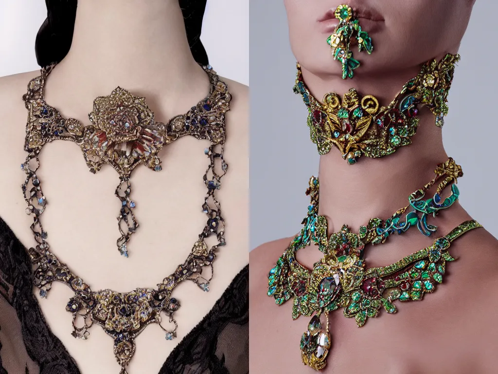 Prompt: ornate slavic floral crystal jewelry necklace on a female bare neck collarbones, avant garde hungarian fashion design, beautiful jewelry paired with an elegant dress, stunning model fashion photograph