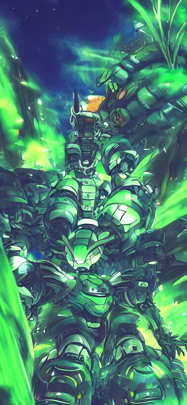 Prompt: giant plant mech, forest, key art, aesthetic, anime, shigeto koyama, hiroyuki imaishi