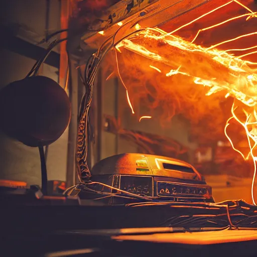 Image similar to overcharging toaster oven, tangles of metallic cables, dark messy smoke - filled cluttered workshop, dark, dramatic lighting, orange tint, sparks, plasma charges, cinematic, highly detailed, sci - fi, futuristic, movie still