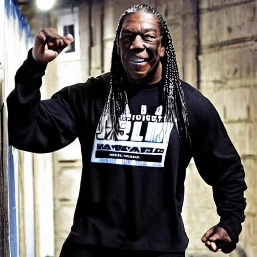 Image similar to WWE Hall of Famer Booker T, wearing a tracksuit, standing in a dark alleyway, cyberpunk