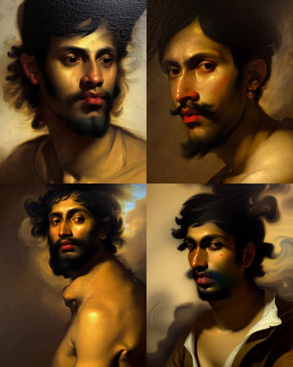 Prompt: a beautiful neoclassical closeup portrait of a 2 5 years old spaced out tripping indian stoner boy surrounded in a lot of dense smoke, head only, by theodore gericault, by anthony van dyck, by greg rutkowski, oil on canvas, rococo color palette, trending on artstation, masterpiece, brilliant cold lighting, detailed, 8 k