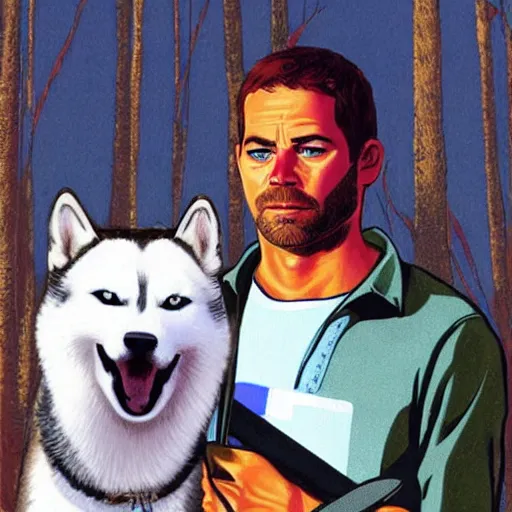 Image similar to Paul Walker with a husky, in the style of Jean Giraud in the style of Ralph McQuarrie