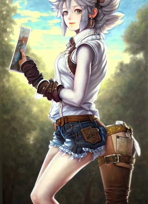 Image similar to a portrait of catgirl wearing white vest, and denim shorts an ultrafine detailed painting, detailed painting, boris valejo. octopath traveler