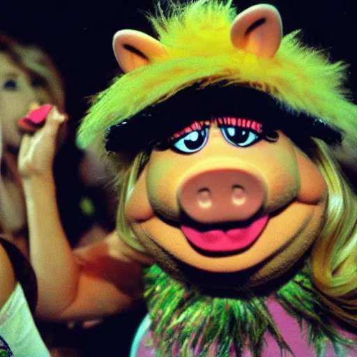 Prompt: Miss Piggy at a rave in Manchester, surrounded by ravers, 1994, HD 35mm color flash photography, depth of field