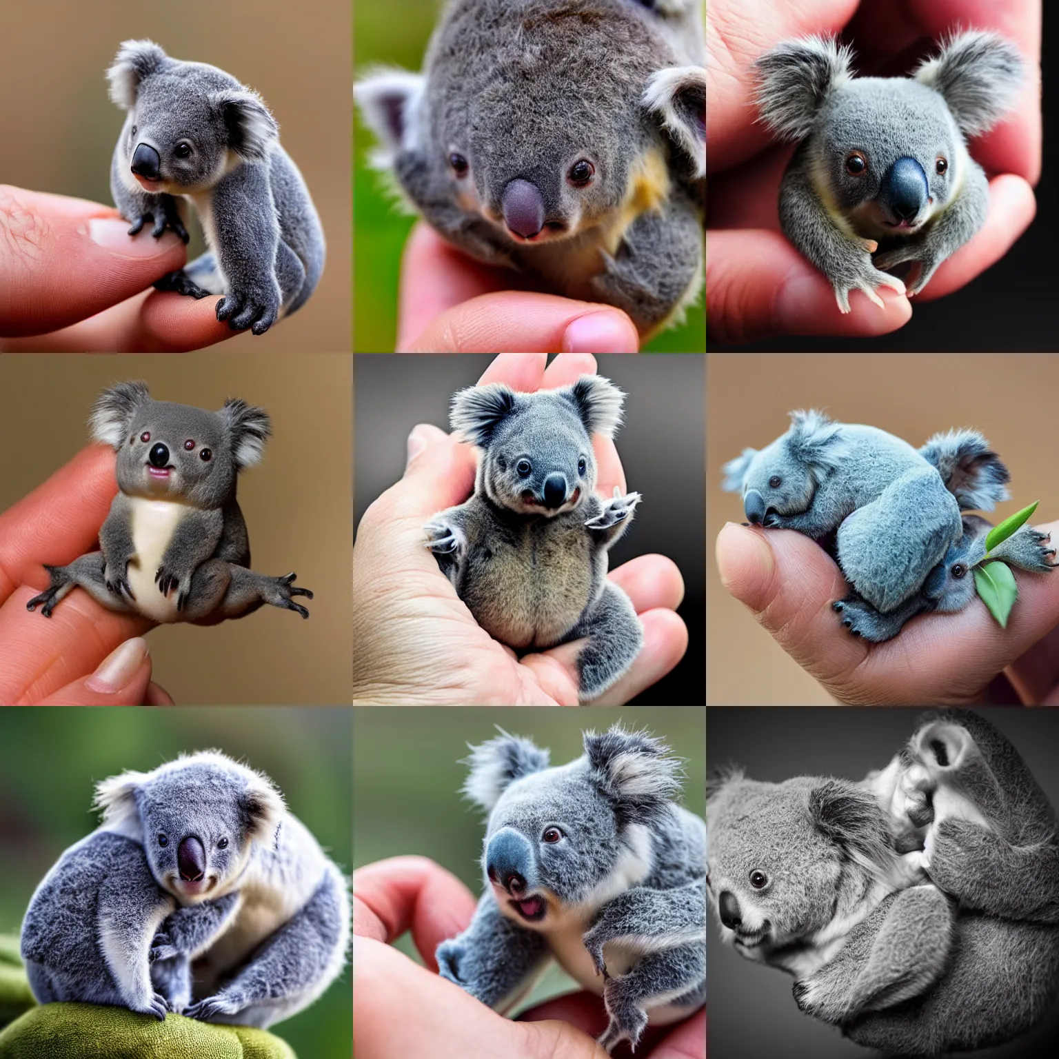 Prompt: hybrid koala tardigrade!!! with six legs sitting in a human hand, macro photography, tiltshift, very cute, tiny minature, hyper realistic, nature photography