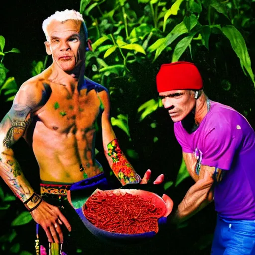 Image similar to A brightly coloured photo of Anthony Kiedis and Flea in a Chili-Pepper garden, 8k, warm dramatic lighting