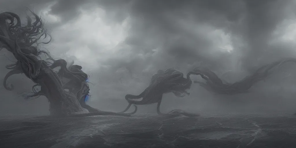 Prompt: wind kissed ashes, lament, Medusa , thunderstorm, photorealism, concept art, cinematic atmosphere, volumetric lighting, octane render, 4k, digital painting,-H 1024