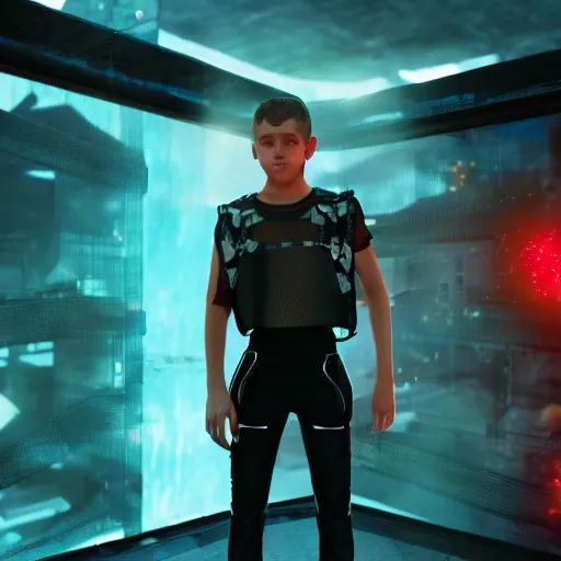 Prompt: A caucasian teenage boy wearing a black mesh crop top and black shorts standing in a mad max cage. The boy is surrounded by a colorful nebula. Cyberpunk, Digital Art, unreal engine 5, 50mm, f2.8