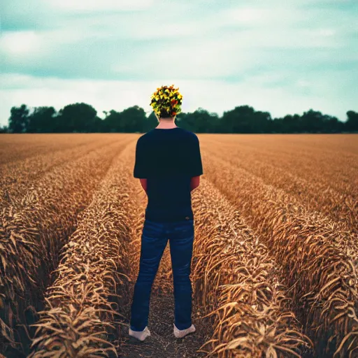 Prompt: kodak portra 8 0 0 photograph of a skinny blonde guy standing in a cornfield, flower crown, back view, grain, moody lighting, telephoto, 9 0 s vibe, blurry background, vaporwave colors!, faded!,