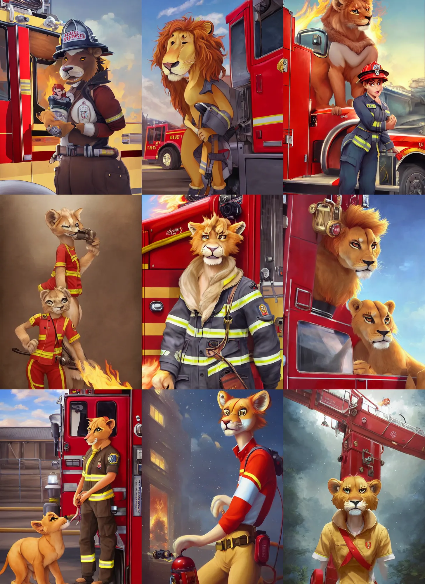 Image similar to beautiful portrait of a female anthropomorphic lioness fursona wearing a fire fighter uniform at the fire station with a fire truck. character design by disney, charlie bowater, ross tran, artgerm, and makoto shinkai, detailed, soft lighting, rendered in octane