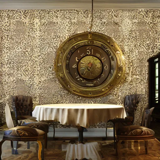 Prompt: A room with steampunk furniture, wallpaper on the walls, highly detailed, high definition, sharp focus,