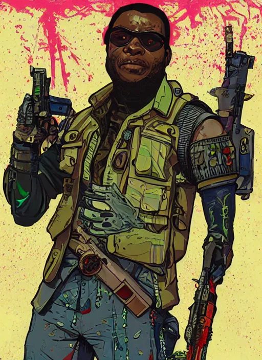 Image similar to chidi igwe. cyberpunk mercenary in combat vest. portrait illustration, pop art, splash painting, art by geof darrow, ashley wood, alphonse mucha, makoto shinkai