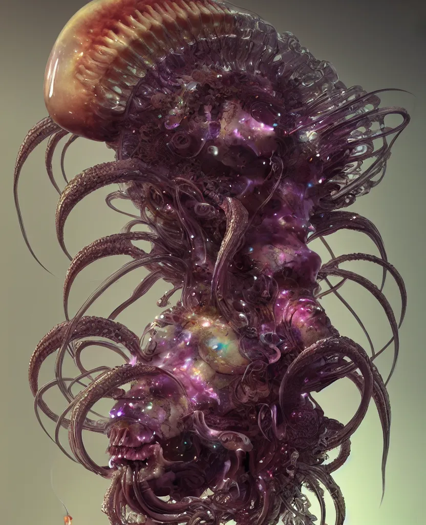 Image similar to goddess close-up portrait ram skull. jellyfish phoenix head, nautilus, orchid, skull, betta fish, bioluminiscent creatures, intricate artwork by Tooth Wu and wlop and beeple. octane render, trending on artstation, greg rutkowski very coherent symmetrical artwork. cinematic, hyper realism, high detail, octane render, 8k