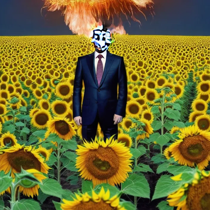Image similar to photo portrait of Vladimir Putin in sunflower field, dressed in shirt with ornamental ethereal sunflower pattern, natural skin tone, explosion and fire in the background, elegant, Realistic, Refined, Highly Detailed, natural soft pastel lighting colors scheme, fine art photography by Cecil Beaton, volumetric lighting, hyper realistic photography