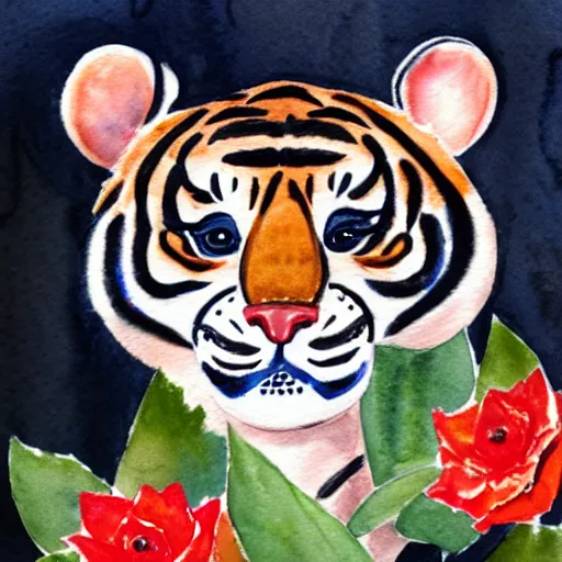 Prompt: watercolor drawing on paper, a curious baby tiger with big eyes smelling a red flower, cute, watercolor, kawaii, wide angle shot, low angle shot, full shot, illustration, white background, very detailed, high quality