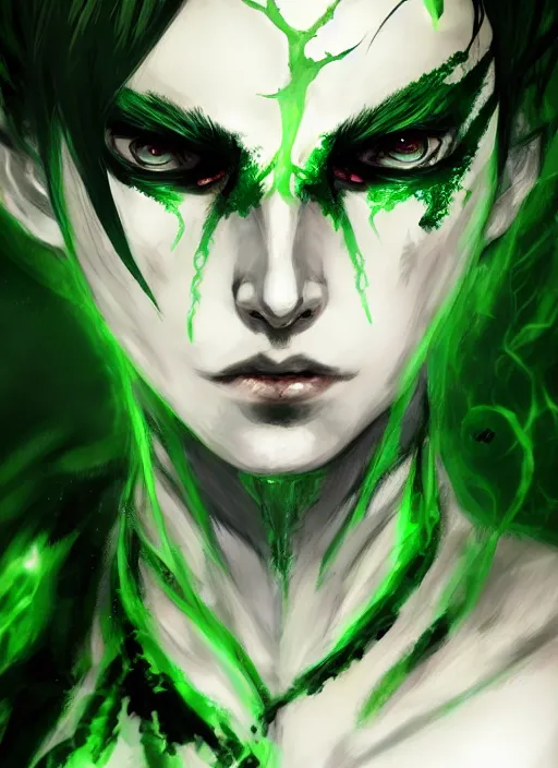 Prompt: Half body portrait of a beautiful dryad blood mage with green hair, black attire, blades for hands. In style of Yoji Shinkawa and Hyung-tae Kim, trending on ArtStation, dark fantasy, great composition, concept art, highly detailed.