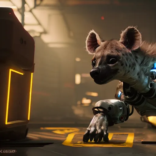 Image similar to cute baby robot hyena, realistic lighting and proportions, cyberpunk 2 0 7 7 screenshot