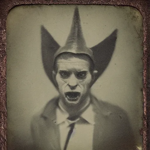 Image similar to demonic shark as human, portrait, tintype, creepy, real.