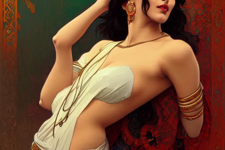 Image similar to sensual pale beautiful indian doctor in jeans, art deco portrait, elegant, intricate, digital painting, artstation, concept art, smooth, sharp focus, illustration, art by artgerm and greg rutkowski and alphonse mucha