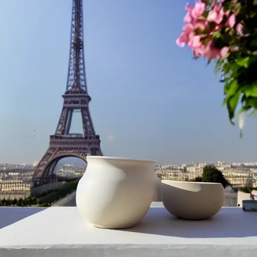 Image similar to clay pot overlooking paris eiffel tower, light pastel blue sky and clouds in the background, softly - lit, soft - warm, zen, light, modern minimalist f 2 0 clean