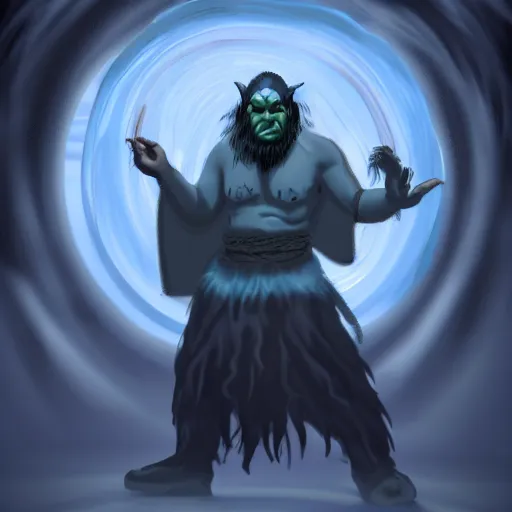 Image similar to Digital art portrait of a half-orc druid, wearing a long grey fur robe and holding a sphere of magical blue water 4k