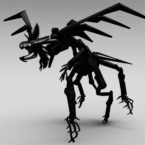 Image similar to A humanoid mosquito wolf, reminiscent of a winged medieval knight black rusty armor. Metal gear solid style.