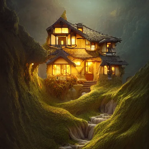 Image similar to small hillside house made of honey and milk, modern lighting, hyper - realistic, hyper - detailed, 8 k, octane rendered, art nouveau, organic, flowing, impossible torsion, writhing, dusk, lush, dynamic, in the style of ross tran and jean baptiste monge