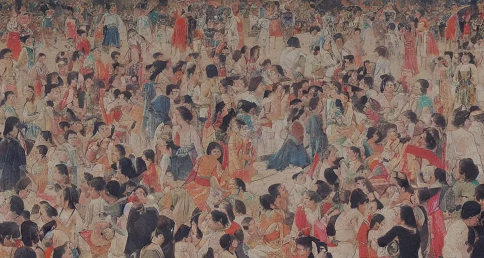 Prompt: an ancient painting of a high angle shot of a crowd watching a concert at Coachella, traditional painting by Su Hanchen and Qiu Ying