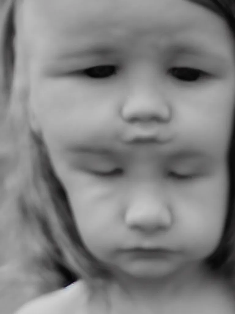 Image similar to High resolution black and white portrait with a 35mm F/5.0 lens of a single child, single head, from Soviet Russia with eyes closed with a sorrowful face about to cry.