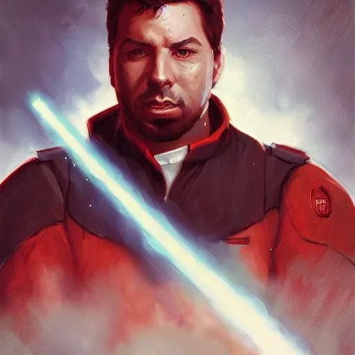 Image similar to portrait of a man by greg rutkowski, he looks like greg grunberg, tall and burly, star wars expanded universe, he is about 3 0 years old, wearing red and white starfighter pilot uniform from the galactic triunvirate.