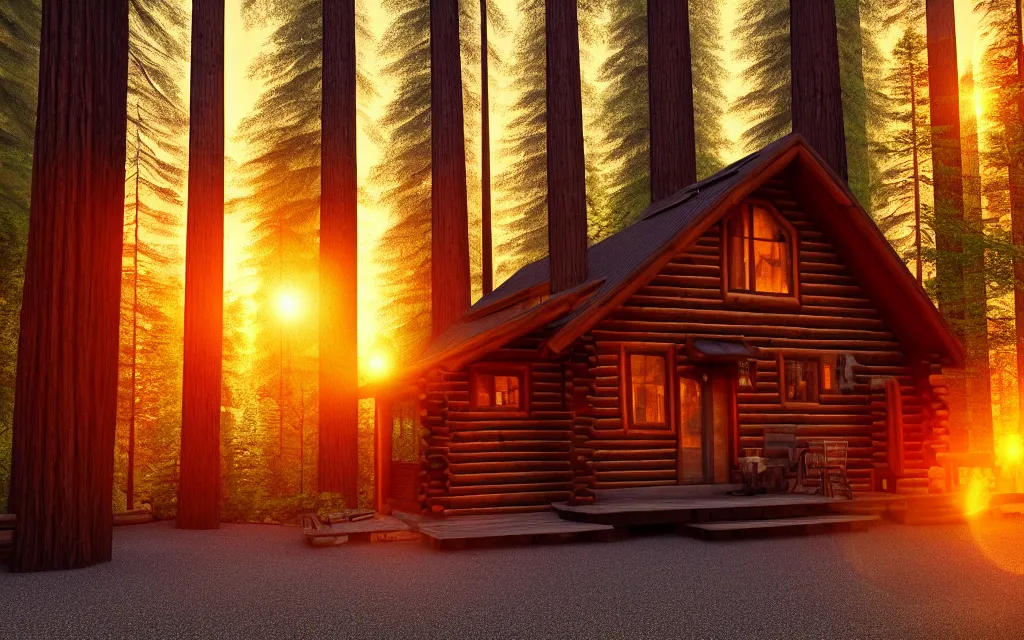 Prompt: enchanted magical quiet log cabin in the california redwoods forest at goldenhour sunset, 8 k photoengine realrender, cinematic scenery